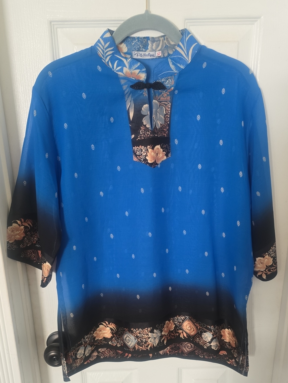 Shear Blue Floral-Trim 3/4 Short Sleeve Shirt XL NWOT